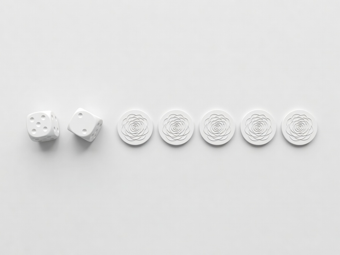 3D-Rendering zweier weißer Würfel und einer Reihe runder Rosenmarken auf einer schlichten weißen Fläche