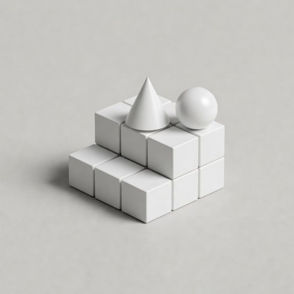 3D render of white cubes, a cone and a sphere arranged neatly on a pale grey surface