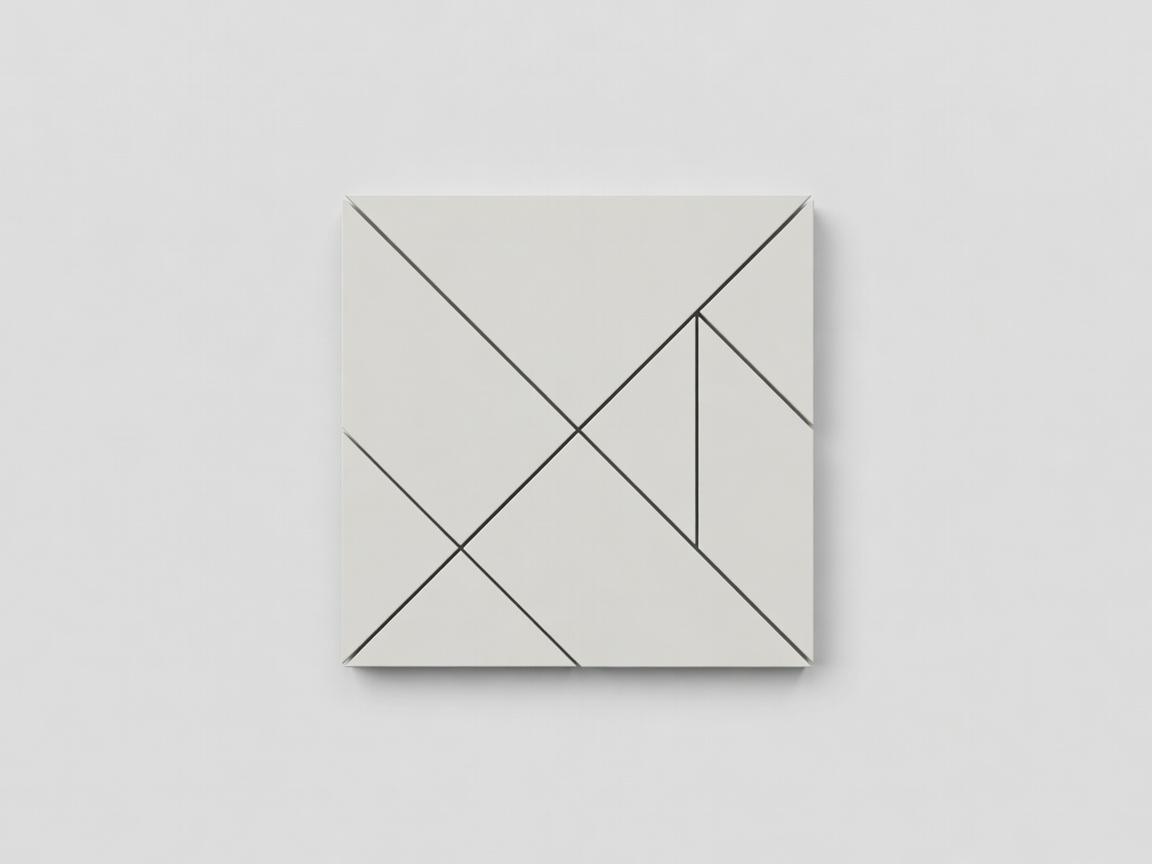 3D-Rendering von sieben matten Tangram-Teilen, zu einem Quadrat angeordnet, auf hellgrauem Hintergrund