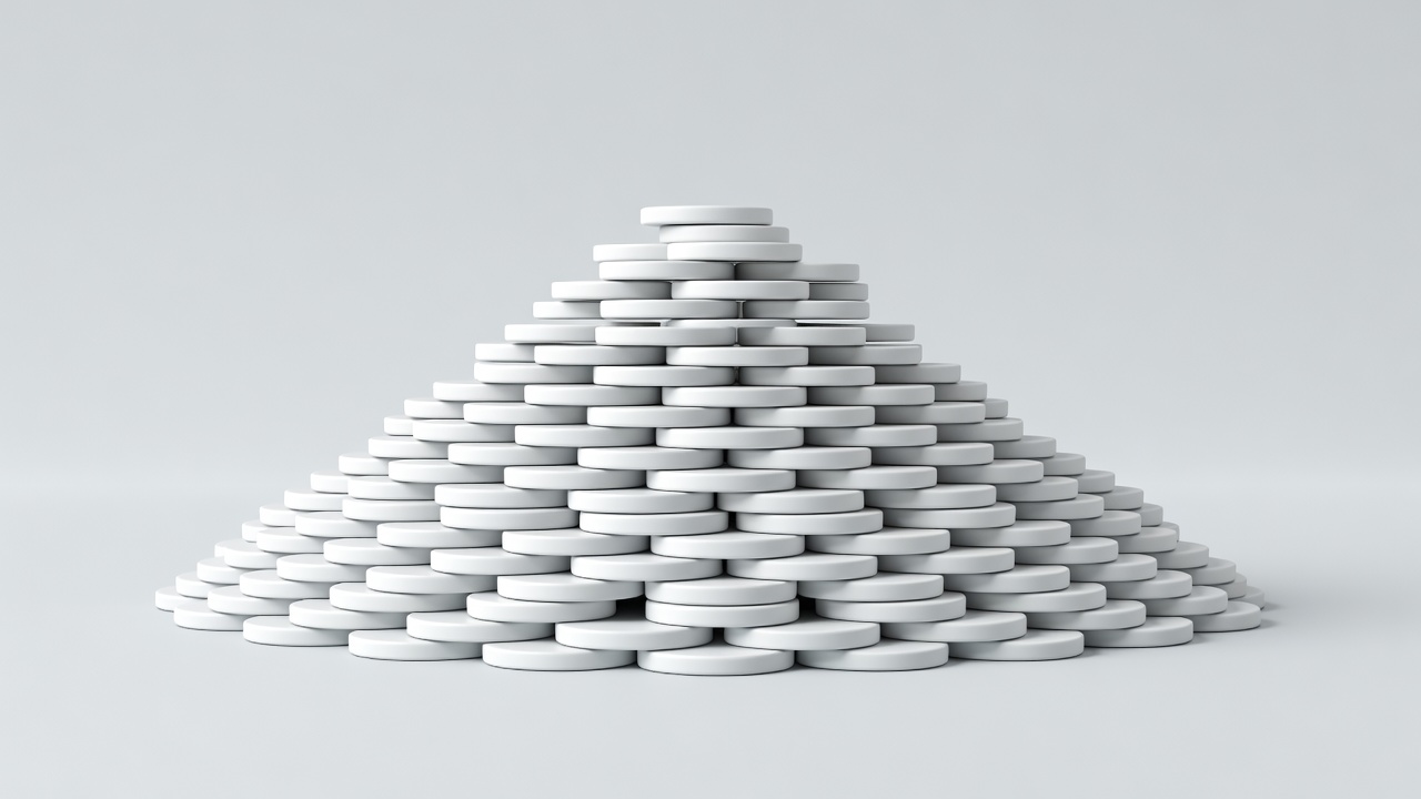 3D render of round white counters stacked into a triangular arrangement on pale grey